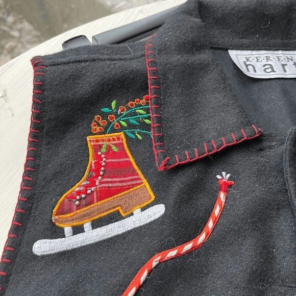 Keren Hart Embroidered Wool Vest Ice Skates Holiday Motif Size M Christmas - Picture 3 of 12